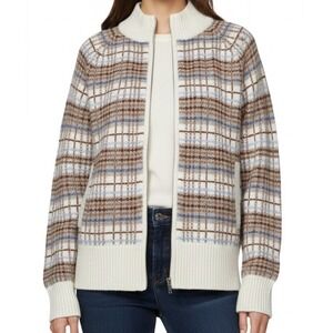 Talbots Plaid Zip Cardigan Sweater Cotton Wool Blend‎ Large Cream Brown Blue